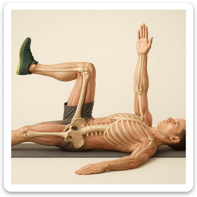 Anatomically hyperrealistic 4K depiction of a man in dead bug position, variant with one hand resting on the ground and the other raised, highlighting pelvis and spine bones, translucent muscles and skin, medical atmosphere. sticker