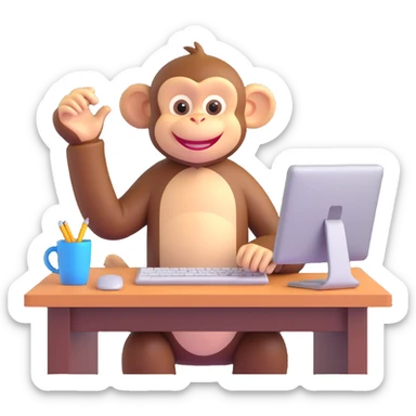 cheerful monkey sitting at a desk with a computer, smiling sticker