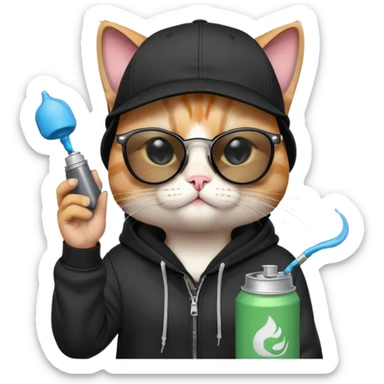 cat with one eye CLOSED in a CLEAR WINK, wearing black snapback cap and black hoodie, black sunglasses tilted low on nose, looking over the top of sunglasses at viewer with other eye open, holding spray paint can sticker