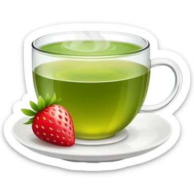 cup of green tea with a strawberry garnish sticker
