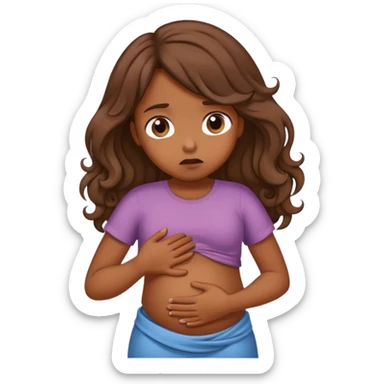 Girl with curled brown long length hair with belly ache sticker