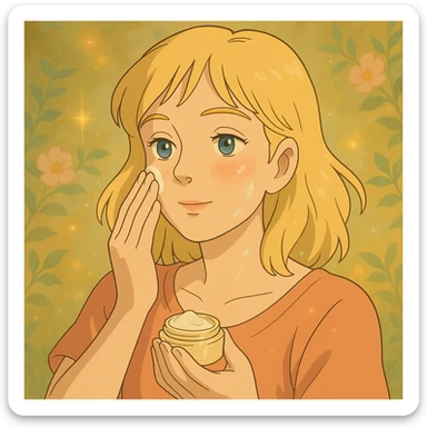 mulher loira com piercing no nariz aplicando skincare sticker