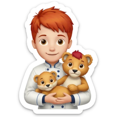 boy kid italian chef, red haired, uniform, holding plush polar lion sticker