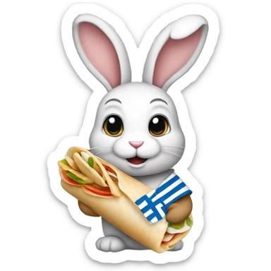 Bunny rabbit wearing Greek flag and holding gyros pita wrap sticker