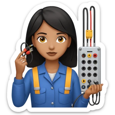 emoji of a brown girl with black hair electromechanical technician adjusting electrical wires,  emoji style, large size sticker