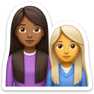 generate me emojis of sisters, one should look older, the other younger. the older one has dark brown hair, long, straight, the younger one is slightly lighter, also straight, long. clothes are any in principle, the main thing is that they more or less look like each other sticker