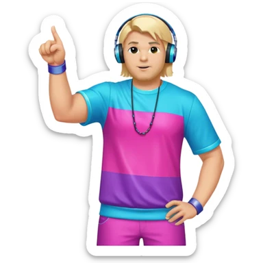 blond big man in colorful dj outfit pointing sideways sticker