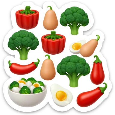3D food emoji, glossy, smooth shapes, premium style,
broccoli, red bell pepper, rice bowl, chicken breast,
boiled eggs, vitamins bottle,
light warm background
 sticker