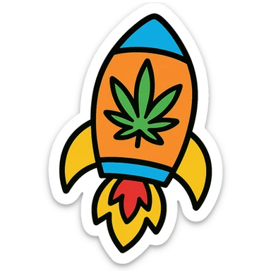 A rocket icon featuring a cannabis leaf, playful and cartoonish, bright colors. sticker