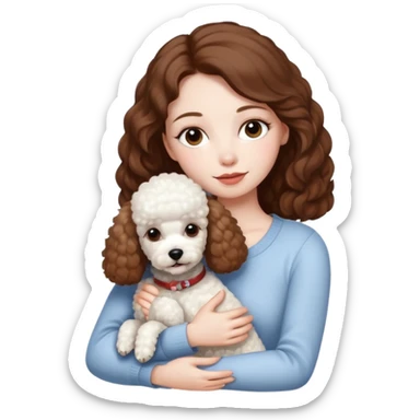 Beautiful woman with pale skin and brown hair hugging a white poodle dog sticker