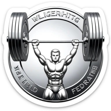 An emblem representing the World Weightlifting Federation with a stylized barbell and global elements. Bold text and clean lines symbolize strength, unity, and competition. Modern, dynamic design with a transparent background. sticker