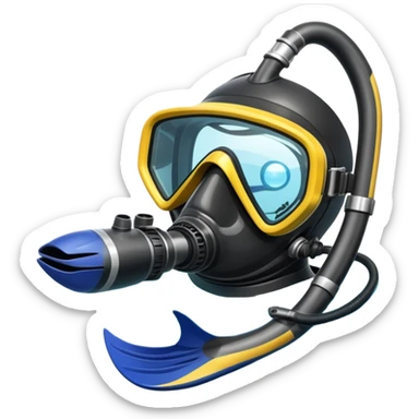 An icon featuring a close-up of a scuba mask, snorkel, and diving fins, with bubbles rising from the gear. The design includes a wetsuit and underwater light rays filtering through the water. Transparent background highlights the essence of diving and underwater exploration. sticker