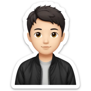Cute Asian guy wavy short hair, dressed cool in black bomber jacket, demure but with a smirk  sticker