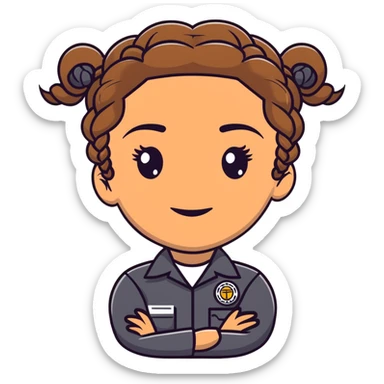 A 40-year-old Latina woman car mechanic with light brown skin, wearing black mechanic uniform, with two braids pulled back from her head sticker