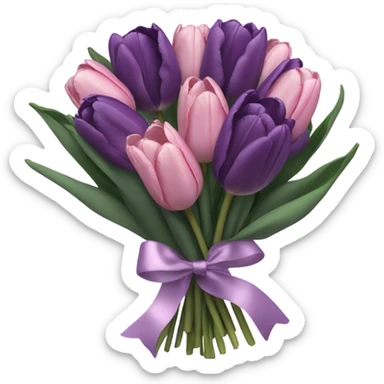 beautiful aesthetic bouquet composed of dark purple and light pink tulips tied with a silk purple ribbon sticker