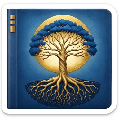 deep blue-to-golden sunrise book with textured aged cover, tree with deep roots, radiating strength and hope sticker