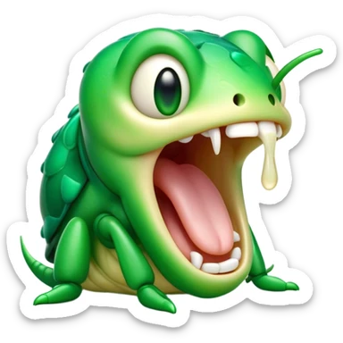 Cinematic Cute Yawning Green Bugdie Portrait Emoji, Head tilted slightly with a dramatic, wide-open yawn, showcasing a smooth, vibrant emerald exoskeleton with delicate patterns and tiny drooping antennae, round multifaceted eyes barely open in drowsy contentment, Simplified yet irresistibly adorable features, highly detailed, glowing with a soft, cozy glow, high shine, relaxed yet expressive, stylized with a touch of whimsy, bright and endearing, soft glowing outline, capturing the essence of a sleepy yet endearing insect, so drowsy it feels like it could stretch out of the screen and curl up for a nap! sticker