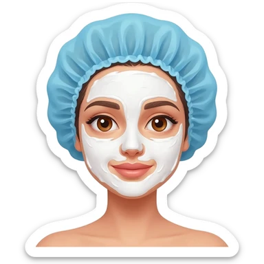 The girl applied a face mask and wore a shower cap on her head. sticker