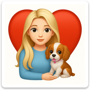Add a heart background behind the girly girl with long hair and a puppy sitting beside her in the style of emoji (apple style emojis). Keep the emoji style look and feel. sticker