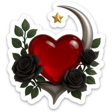 Change the heart to red glass, keep the silver crescent moon and black roses embellishing the heart, rich and elegant style. The original style is 3D emoji style but it does not support editing, so use a general style editor to achieve a 3D emoji look with no background. sticker