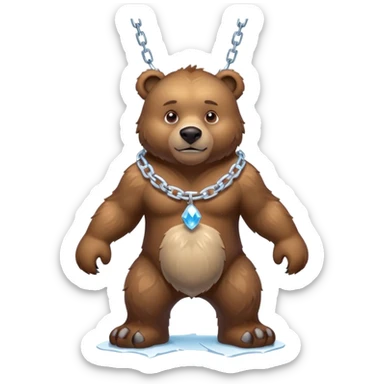 Fierce brown bear walking on four paws with an ice chain necklace, frozen chain links made of crystal clear ice, serious face sticker