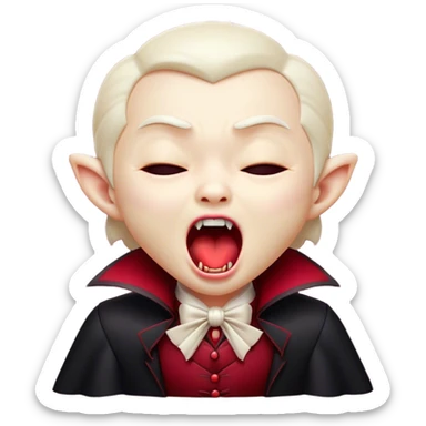 Cinematic Cute Yawning Vampire Portrait Emoji, with a small, rounded, charming pale face accented with tiny playful fangs and droopy, half-closed eyes, head tilted in an adorable wide yawn, dressed in miniature elegant dark attire with a hint of crimson, simplified yet irresistibly endearing, highly detailed with a soft, mysterious glow and gentle outline that captures the cute, drowsy side of an immortal! sticker