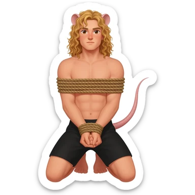 man with brown eyes, curly long blond hair. he has rat tail and rat ears. he dressed in black shorts. he is on his knees. her arms are tied up with ropes sticker