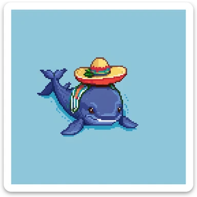 A blue whale with a colorful sombrero hat on its head, swimming in water sticker