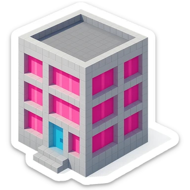 Russian panel apartment building, square block, light gray, large pink windows, isometric view sticker