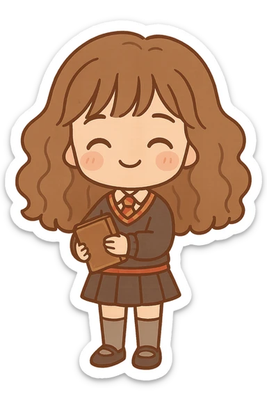 Chibi kawaii Hermione Granger with exaggerated proportions (big head, small body), clean lines and dark brown thin outline, happy expression with closed arched eyes, subtle smile, rosy cheeks. Classic Gryffindor uniform: dark gray sweater with red and gold stripes, white shirt, red/gold striped tie, dark pleated skirt, knee-high socks and black shoes. Holding old brown book. Voluminous, wavy brown hair. Warm, earthy, pastel palette, light cel shading, neutral or transparent background. sticker