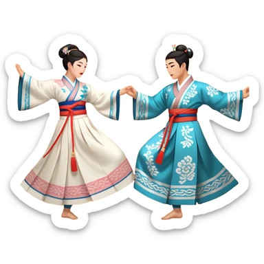 Cinematic Realistic scene of two performers engaging in Ganggangsullae, dressed in traditional Korean costumes with intricate patterns and graceful movements, illuminated by soft, festive lighting that accentuates the cultural ambiance sticker