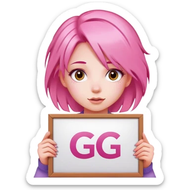 girl with pink hair, big sign, sign says "GG" sticker