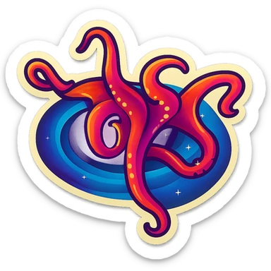 Edit the image to depict tentacles coming out of a black hole in a retro sticker style with vibrant colors and a dynamic composition. The image should have no background (transparent). sticker