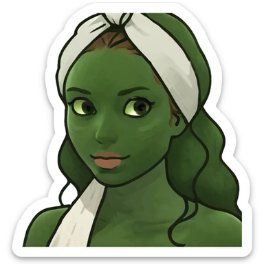 girl long wavy light brown hair in towel with a clay mask on face sticker