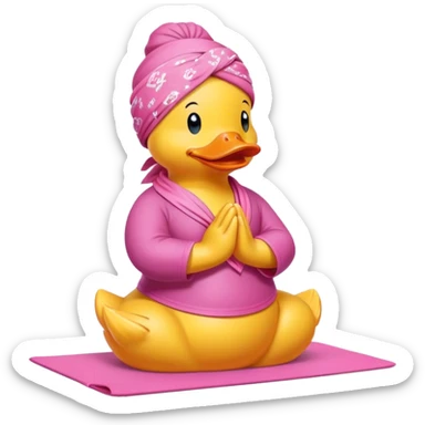 side view of yellow rubber duck with a pink bandana doing yoga while praying sticker