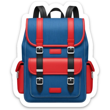 Minimalist emoji-style icon of a stylish blue denim backpack with a flap top, two vertical black buckle straps, a large red-white-navy horizontal block in the center, and two zipper side pockets. Inspired by Tommy Jeans design. Front view, cartoon-like, clean design.

 sticker