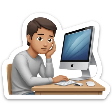 emoji of a man sitting at the table with an imac on it, a man is sitting in a very thoughtful pose, he has his hands on the table and his head resting on themб he look into the screen of imac sticker