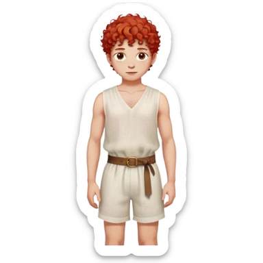 medieval summer outfit worn by a DnD themed fantasy male character. sheer sleeveless linen tunic with a simple neckline and a fabric belt. clothes only above the waist. The clothes full waist. The character's haven't arms. character is white-skinned, red hair, hazel eyes, short curly hair. sticker