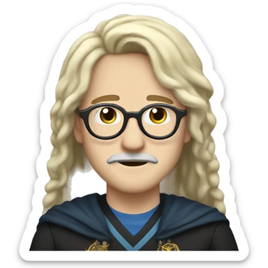 he has got white skin, he has got long black an straight hair, he has got a mustache, he has got glasses, he is from ravenclaw sticker