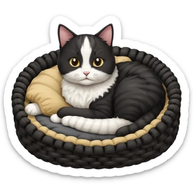 Back and white cat laying in a circle shaped cat bed sticker