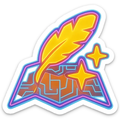 Transform the Wonderdraft map icon (feather, stars, and map) into a flat, cyberpunk style with extremely strong, intense neon glow. The feather and stars should be fully filled in with gold or yellow, and the map should be fully filled in with tan or brown—no transparency inside the shapes. Overlay glowing neon blue and pink circuit patterns and a strong holographic glow around the edges, but keep the main elements bold and opaque. The background outside the icon should be transparent. Avoid 3D shading and keep the style flat and futuristic. sticker