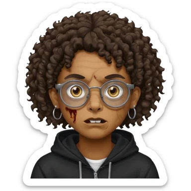 Chico moreno zombie, con gafas y sudadera negra, dos aretes en la oreja izquierda y dos en la derecha, ojeras en los ojos, pelo rizado sticker