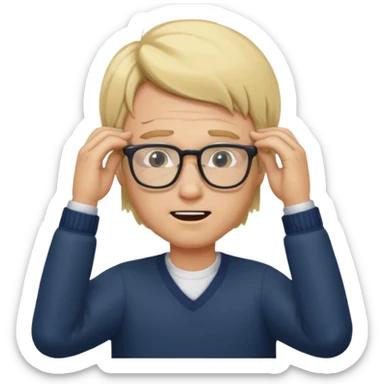 Man pulling hair out with glasses and blonde sticker
