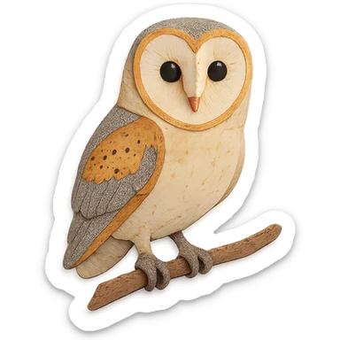 close-up of a barn owl perched on a branch, fine paper edges, heart-shaped facial disk, soft feather patterns sticker
