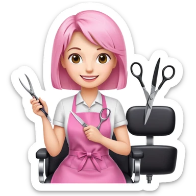 happy woman client in pink apron sitting in salon chair, female hairstylist smiling behind her with scissors sticker