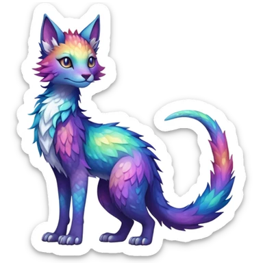 Kawaii dark rainbow iridescent fantasy ethereal feline-vernid-sergal-fursona animal creature with a tufted tail full body with intricate markings sticker