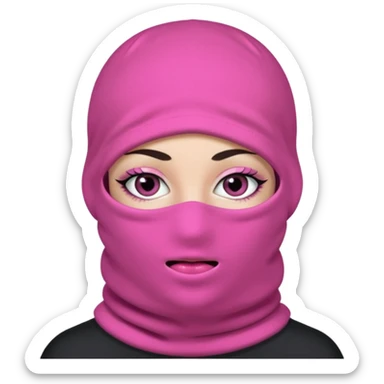 baggy stylish 3 hole balaclava pink in colour with girly eyes showing through the eye holes of the balaclava with beautiful eyelashes on  sticker