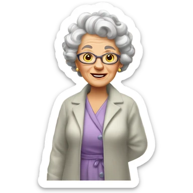 “An elderly woman with curlers in her hair, wearing a housecoat, standing in a cozy home setting.” sticker