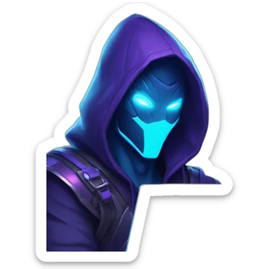 developer behind his laptop with the style of Riot Games Valorant neon blue eyes glowing bright blue Video game character blue purple hooded assassin themed character shrouded wraith sticker