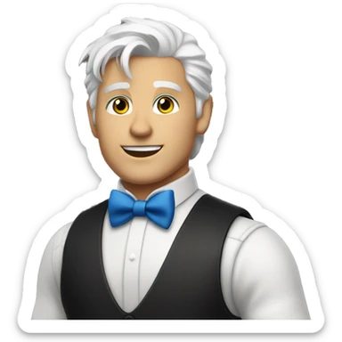 Handsome bartender with white hair and blue eyes. White shirt with black vest and a red bowtie sticker